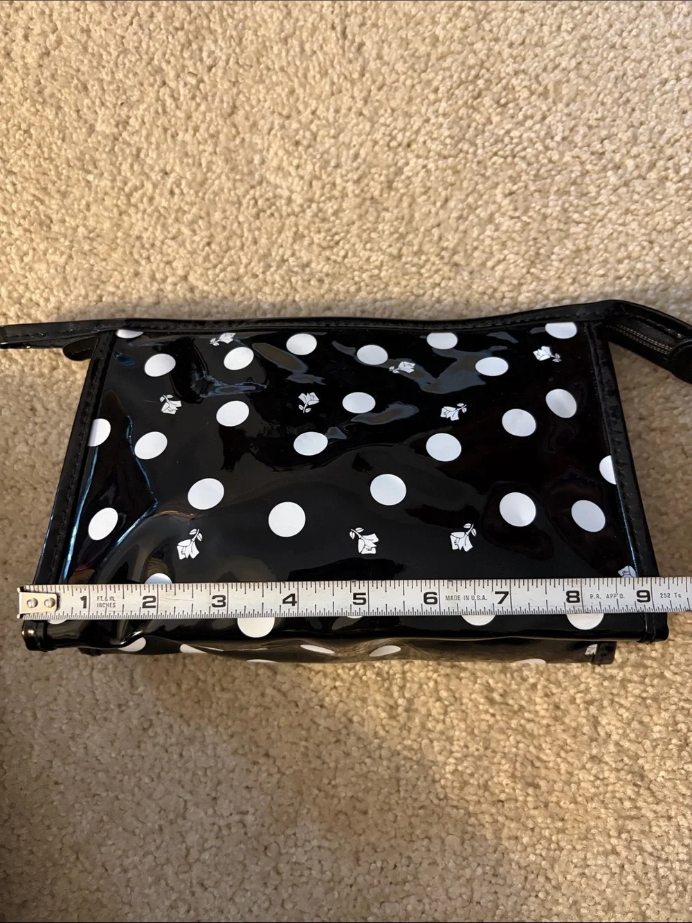 Lancome Black & White Rose Polka Dot Glossy Wristlet Pouch/Cosmetic Bag NWOT
